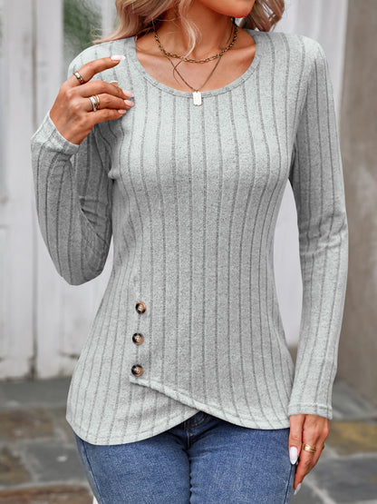 Decorative Button Round Neck Long Sleeve T-Shirt