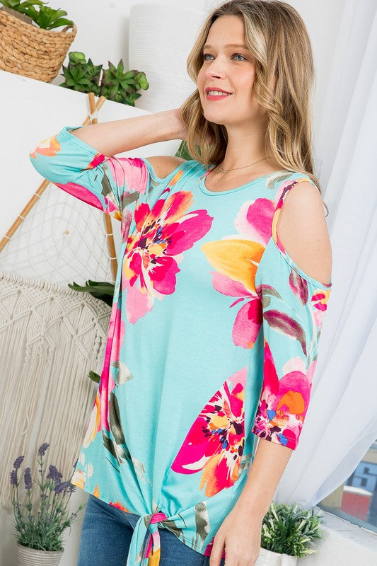 PLUS FLORAL PRINT COLD SHOULDER TOP