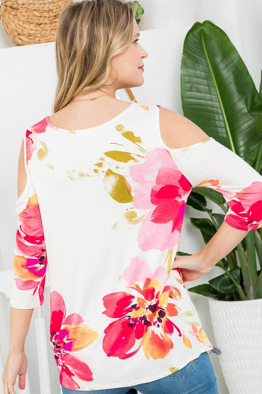 PLUS FLORAL PRINT COLD SHOULDER TOP