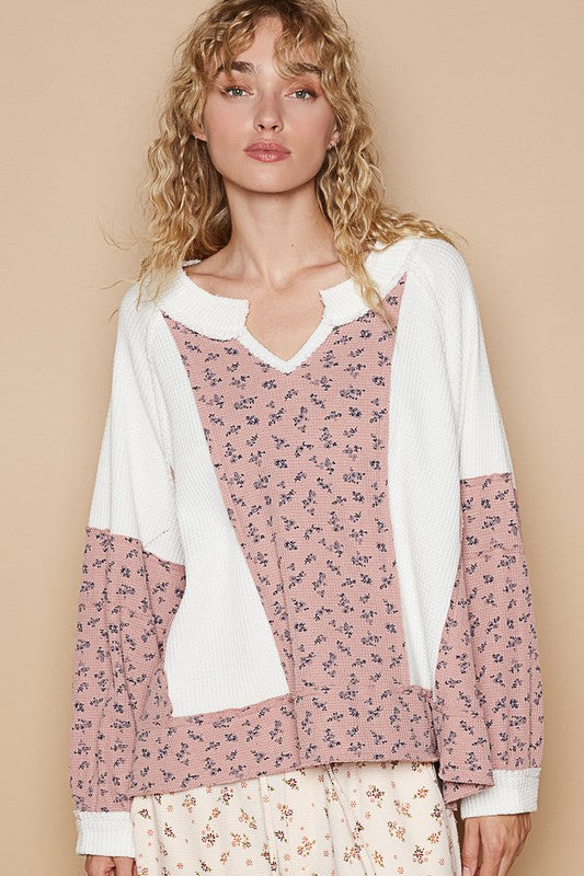 POL Waffle Knit Floral Notched Long Sleeve Top