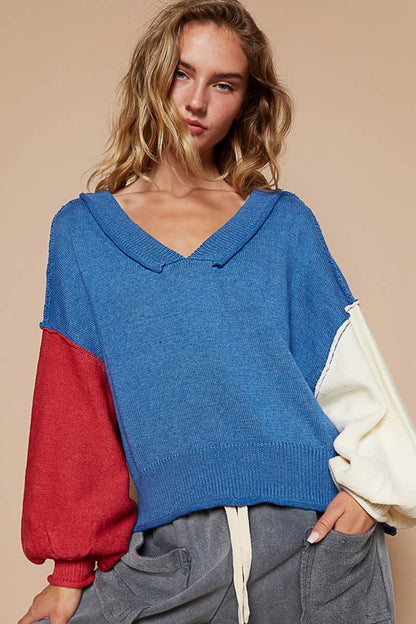 POL Exposed Seam Contrast V-Neck Lantern Sleeve Sweater