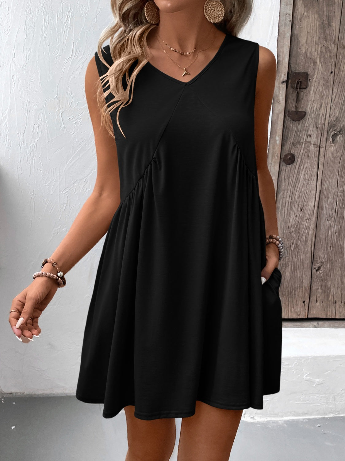 Ivy Lane Ruched V-Neck Sleeveless Mini Dress