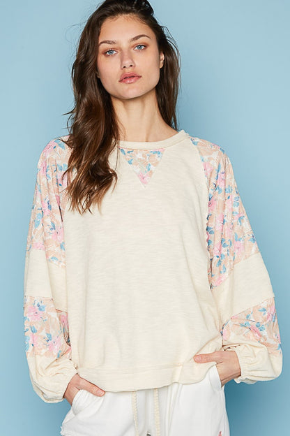 POL Round Neck Balloon Floral Long Sleeve Top