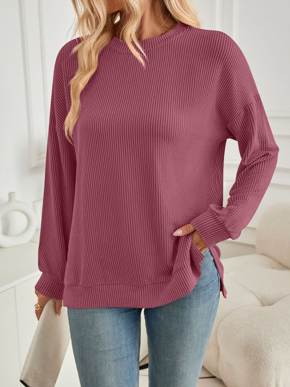 Lovelet Slit Round Neck Long Sleeve Sweatshirt