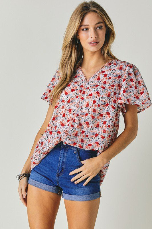 Floral Printed V-Neck Short Sleeve Top