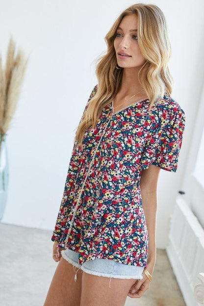 Floral Printed V-Neck Short Sleeve Top