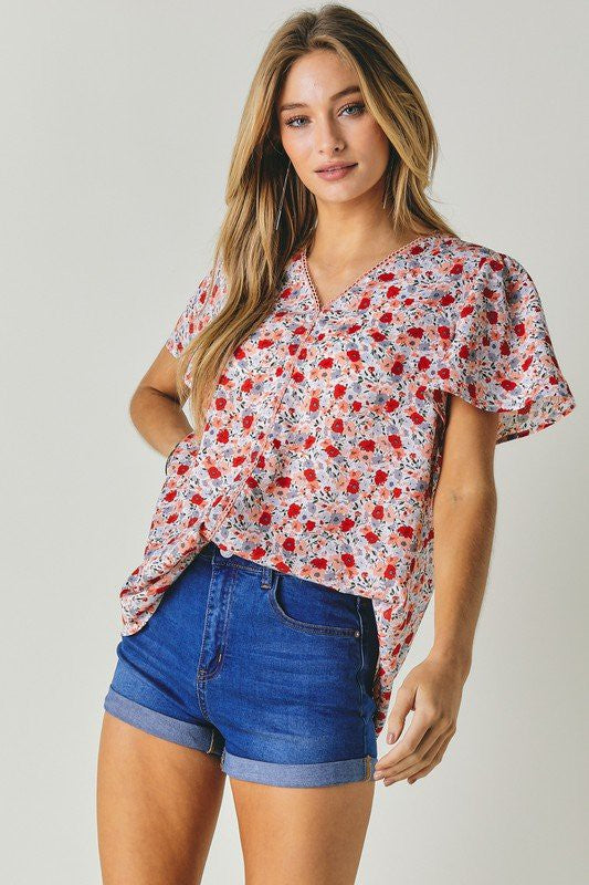 Floral Printed V-Neck Short Sleeve Top