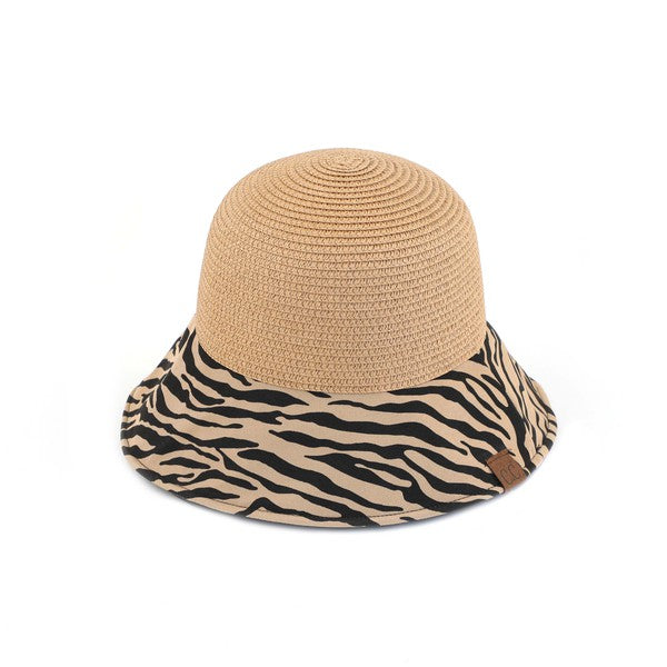 CC Zebra Print Cloche Straw Bucket Hat