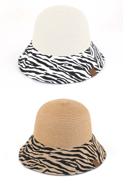 CC Zebra Print Cloche Straw Bucket Hat