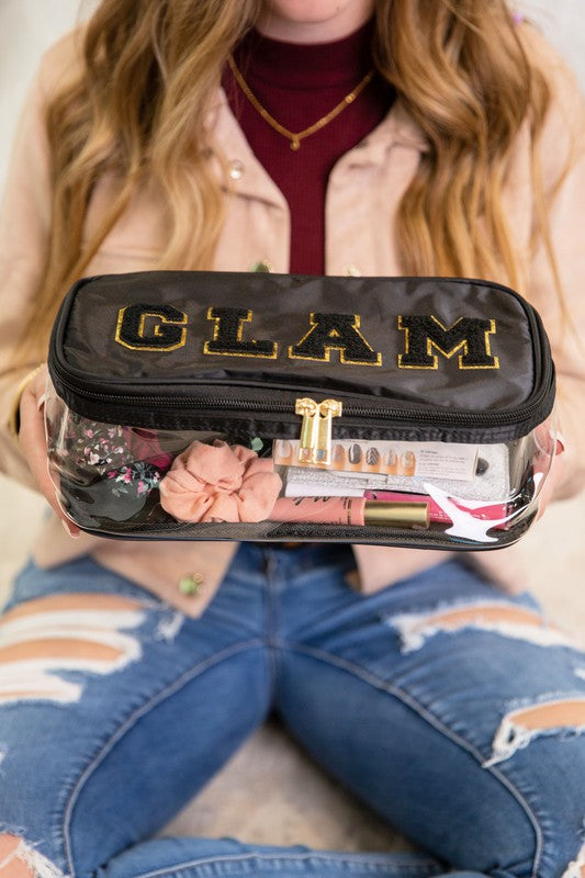 Black Glam Clear Cosmetic Fold Flat Makeup Bag