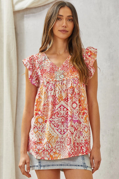 Babydoll Print Top with Floral Embroidery