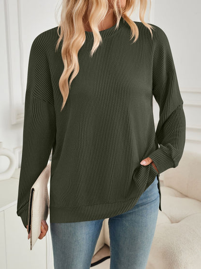 Lovelet Slit Round Neck Long Sleeve Sweatshirt