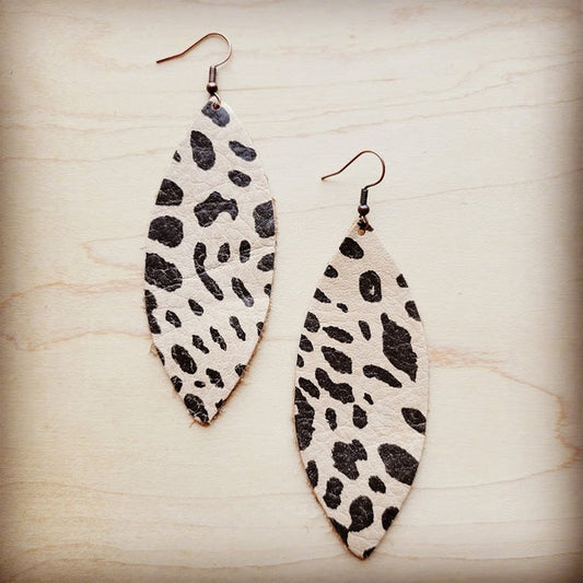 Narrow Leather Oval Earrings-Suede Cheetah