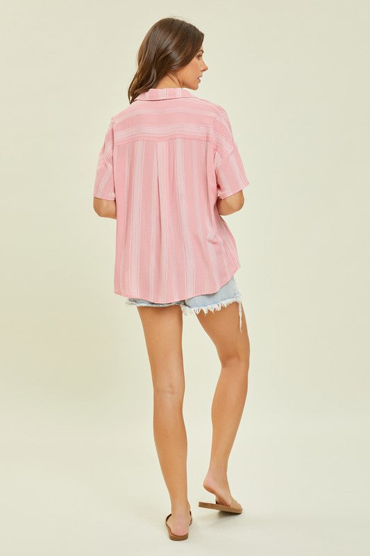 Light Airy Stripe Gauze Button Down Shirt in Pink