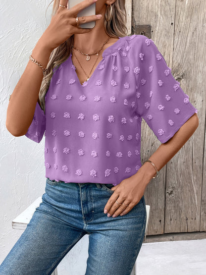 Ivy Lane Swiss Dot Notched Half Sleeve Blouse