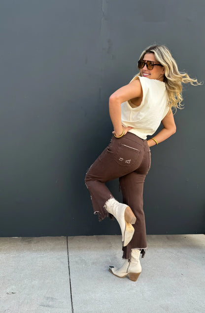 PREORDER: Brown Urban Distressed Crop Jeans