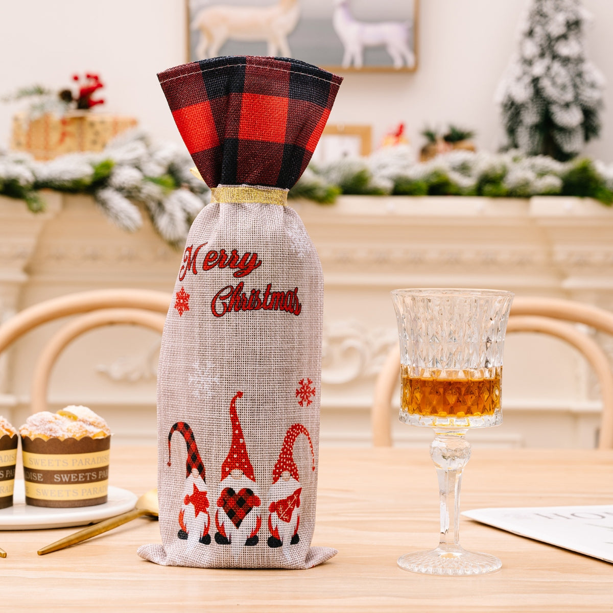 Christmas Plaid Wine Bottle Covers, Set of 2