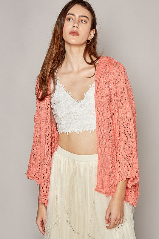 Open Weaving Long Sleeve Hoodie Sweater Cardigan in Coral