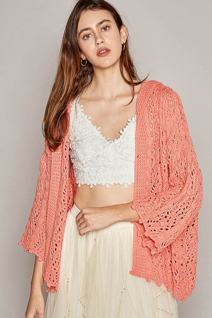 Open Weaving Long Sleeve Hoodie Sweater Cardigan in Coral