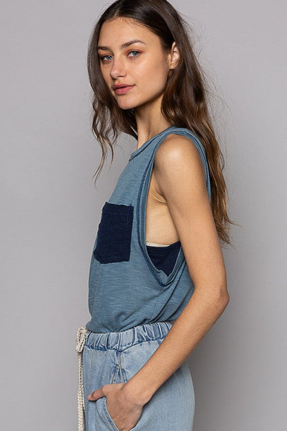 Round Neck Sleeveless Pocket Front Solid Top in Denim