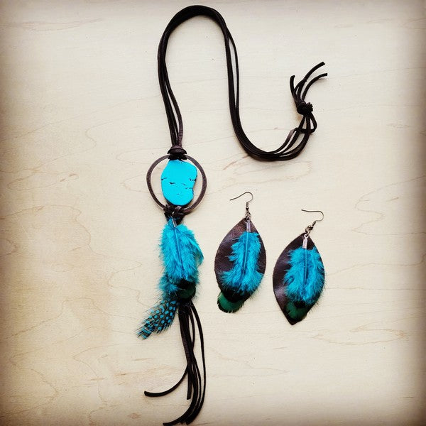 Brown Leather Necklace Turquoise Slab & Feather