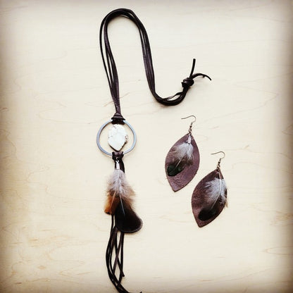 Western Leather Oval Earrings Black Feather