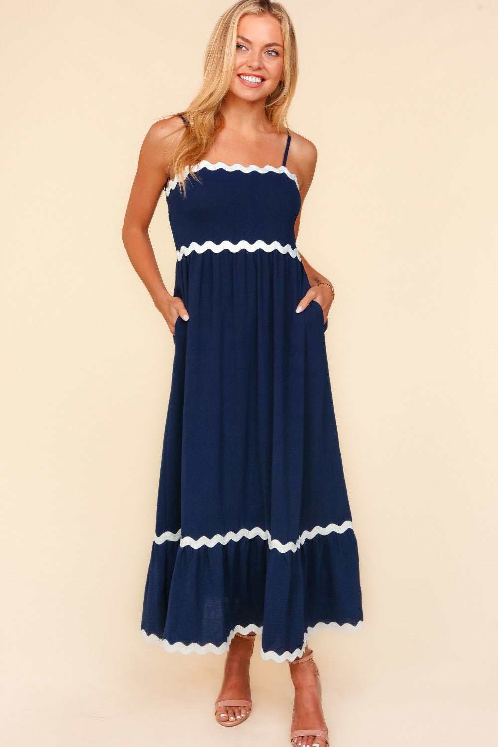 Ric Rac Square Neck Fit and Flare Maxi Dress