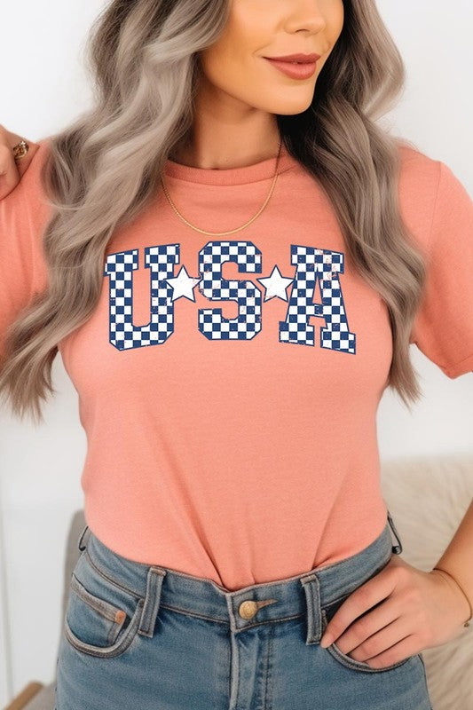 Checkered USA Graphic T Shirts