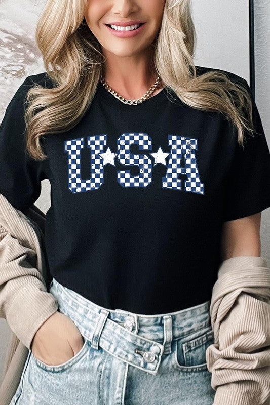 Checkered USA Graphic T Shirts