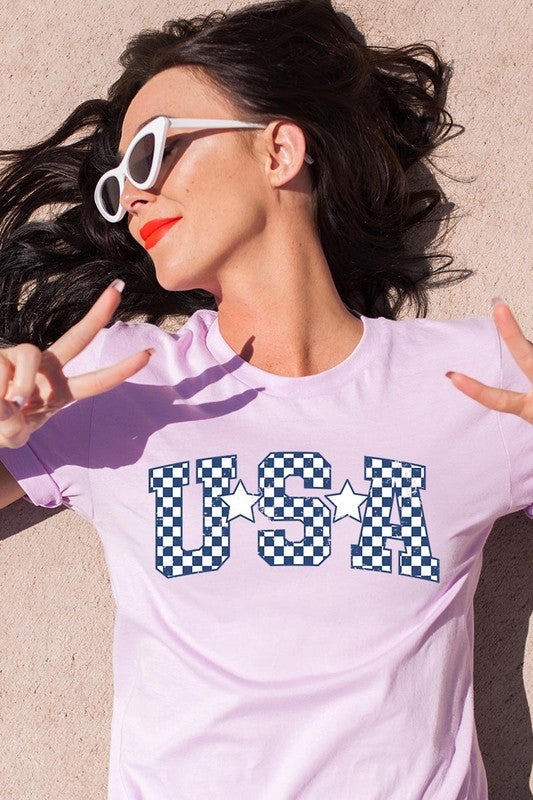 Checkered USA Graphic T Shirts