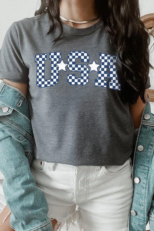 Checkered USA Graphic T Shirts