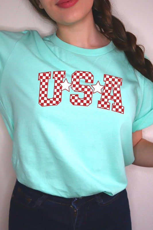 Checkered USA Graphic T Shirts