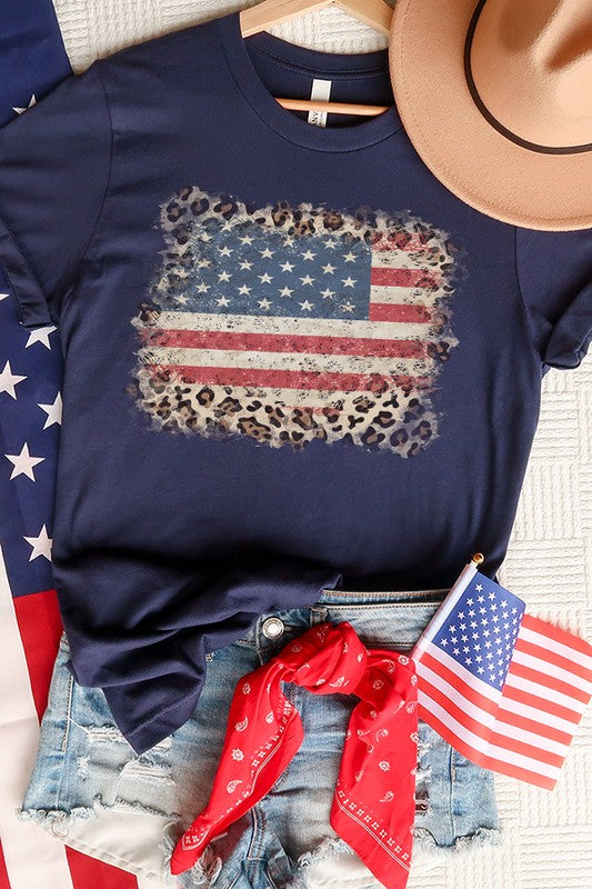 Patriotic American Leopard Flag Graphic Tee Top