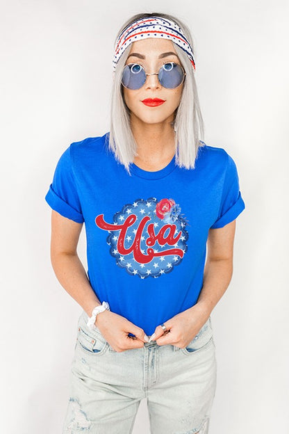 Patriotic USA Blue Bubble Circle Graphic Tee Top