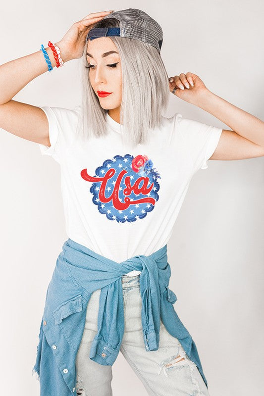 Patriotic USA Blue Bubble Circle Graphic Tee Top