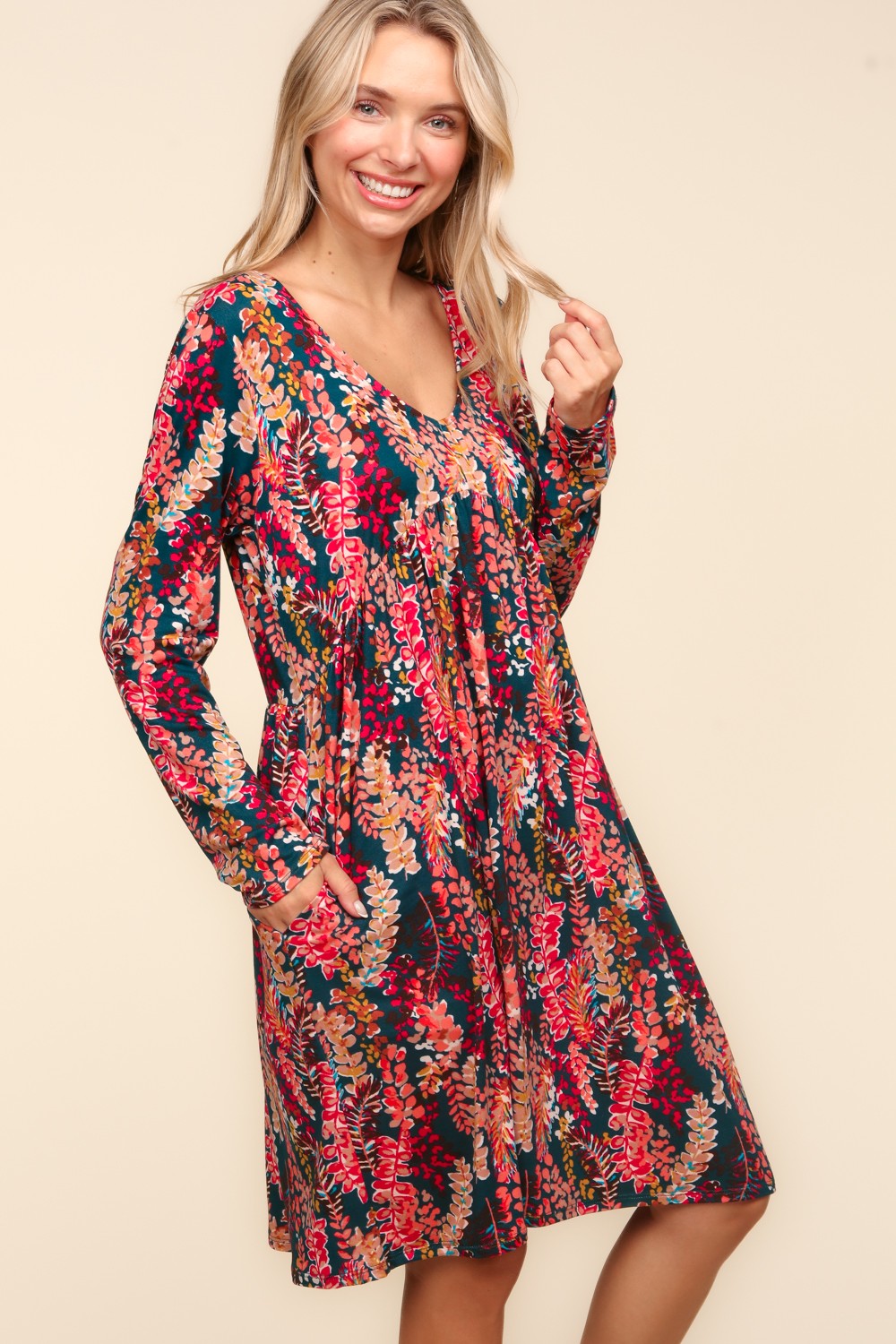 Babydoll Floral Knee Length Dress with Pockets in Hunter Green Berry