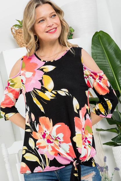 PLUS FLORAL PRINT COLD SHOULDER TOP