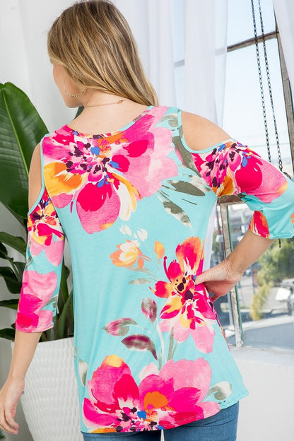 PLUS FLORAL PRINT COLD SHOULDER TOP