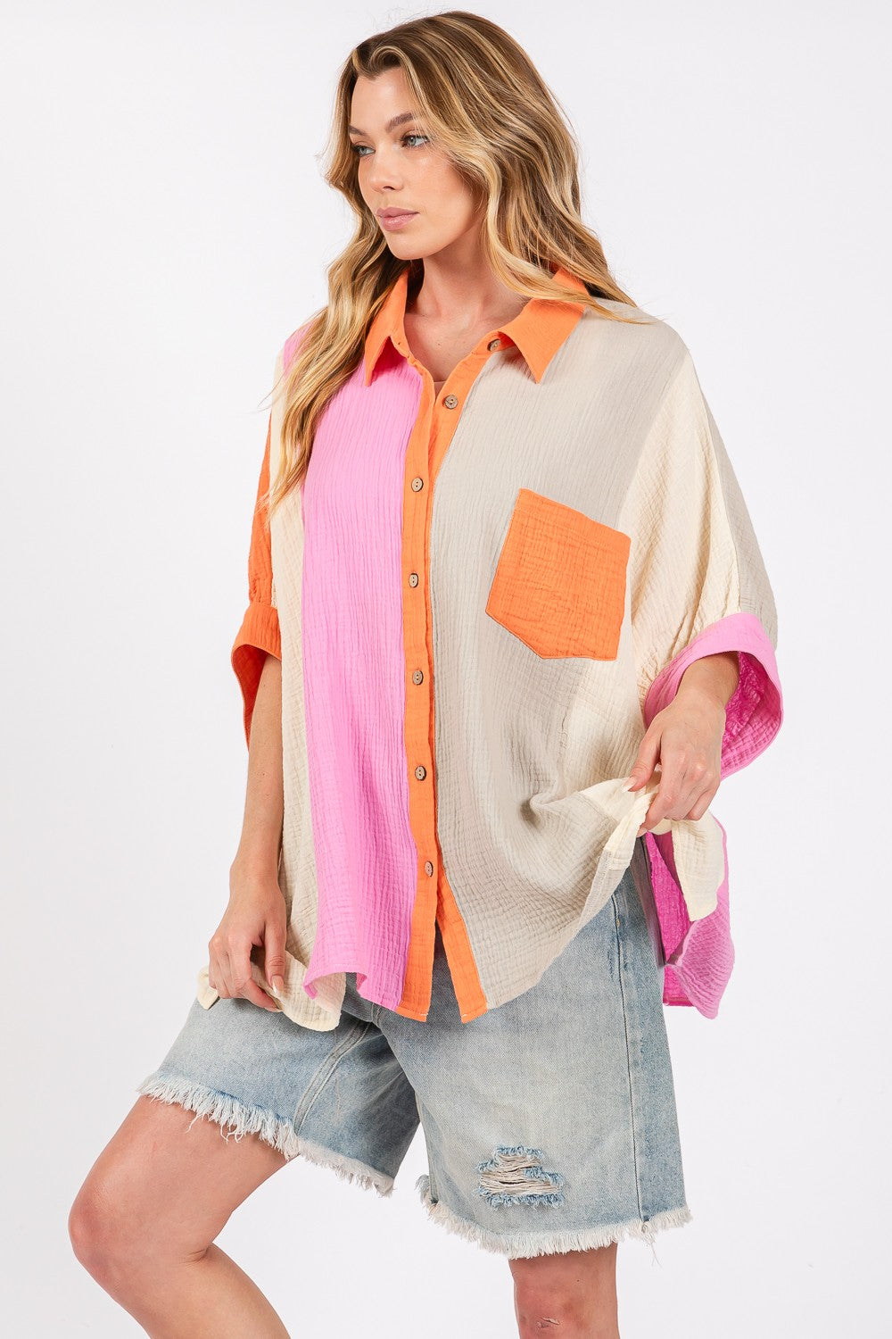 SAGE + FIG Full Size Color Block Button-Down Shirt