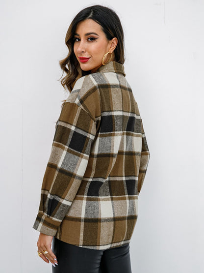 Shiny Plaid Button Up Collared Neck Jacket