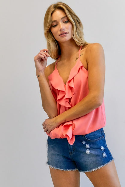 Solid V-Neck Sleeveless Ruffle Top