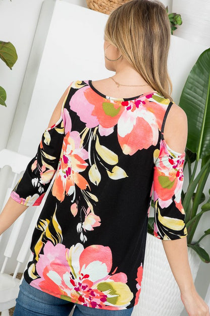 PLUS FLORAL PRINT COLD SHOULDER TOP