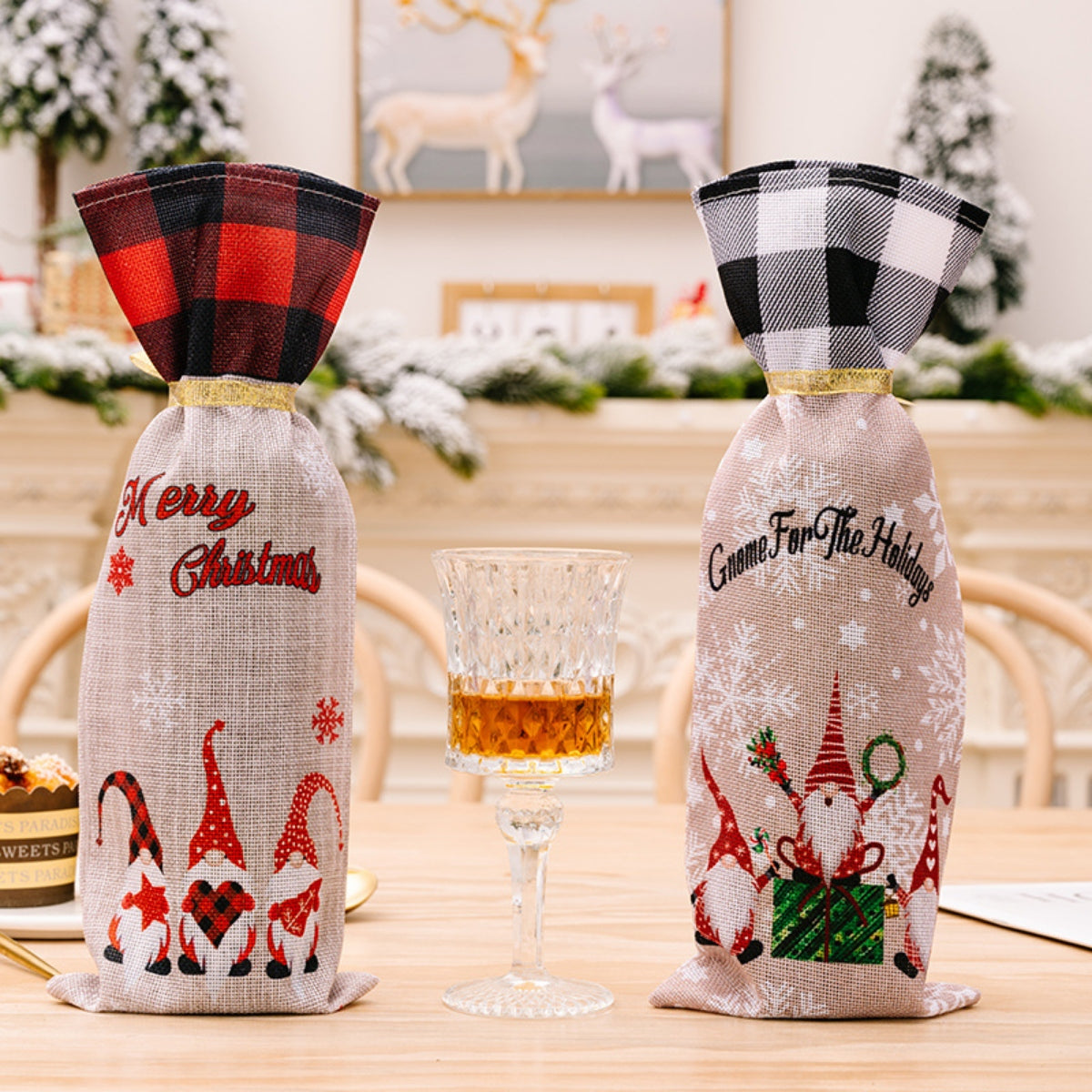 Christmas Plaid Wine Bottle Covers, Set of 2