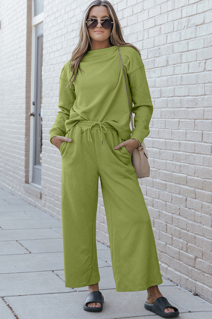 Double Take Full Size Textured Long Sleeve Top and Drawstring Pants Set - Dahlia Boutique