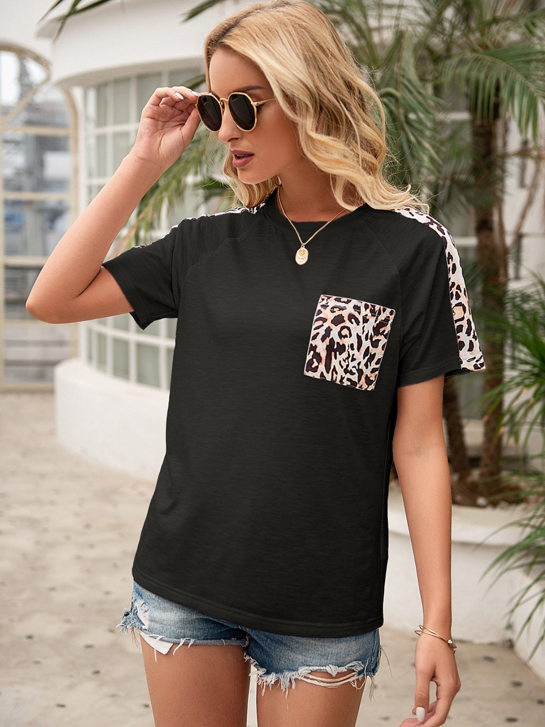 Ivy Lane Pocketed Leopard Round Neck Short Sleeve T-Shirt