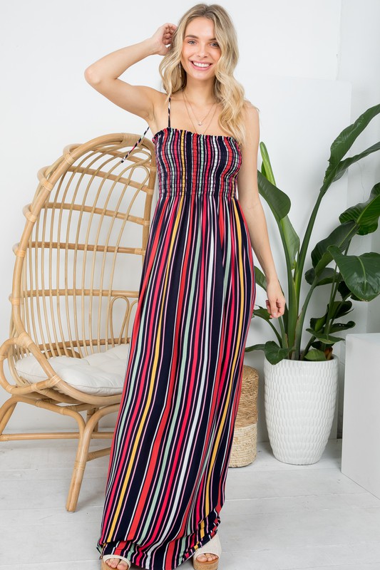 STRIPE SMOCKED MAXI DRESS