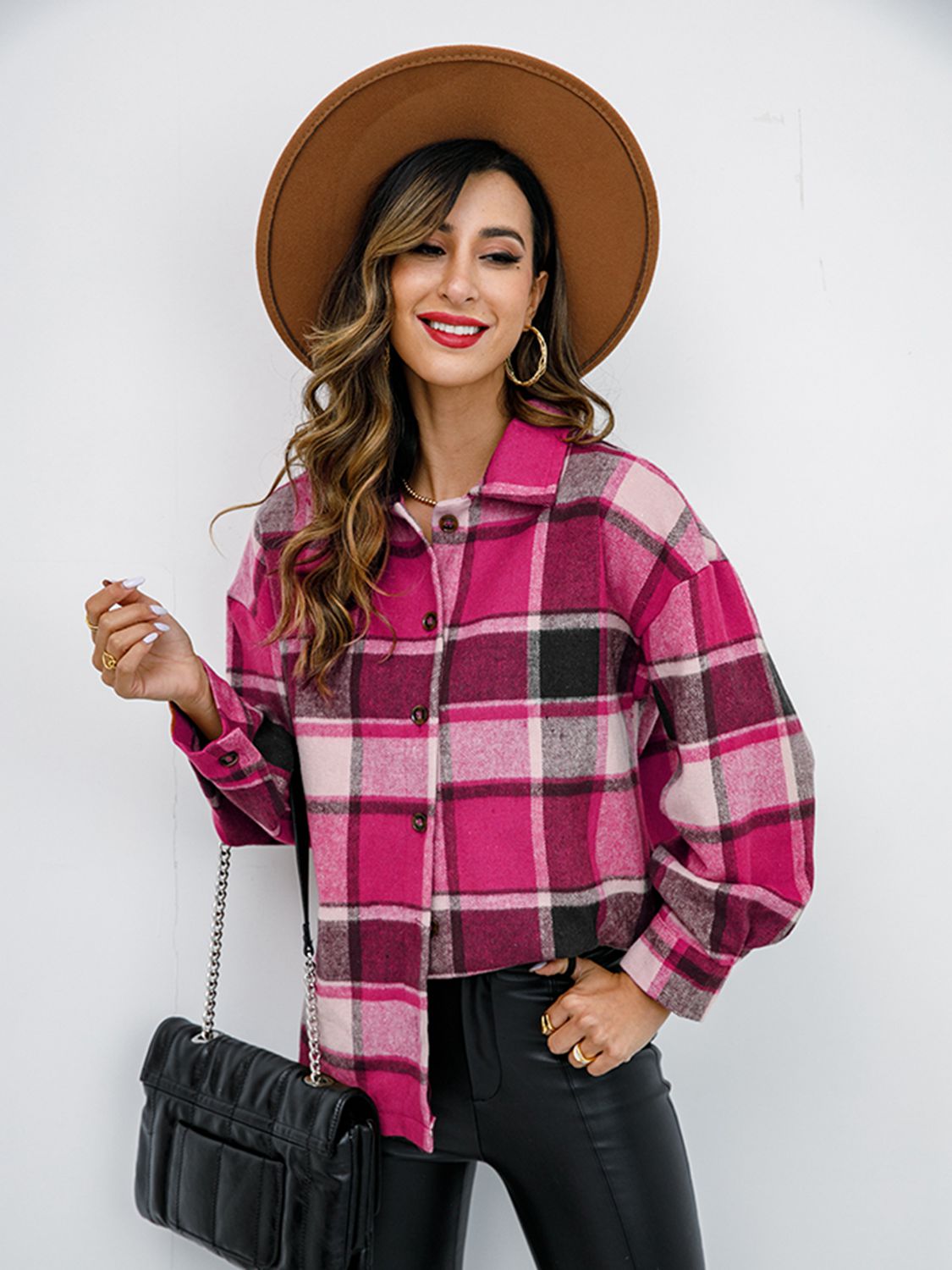 Shiny Plaid Button Up Collared Neck Jacket