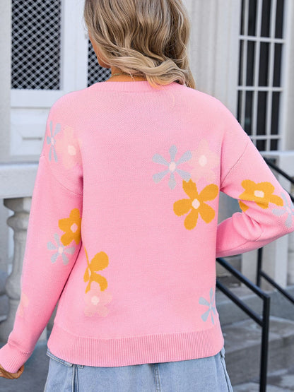 Angel Wings Flower Round Neck Dropped Shoulder Sweater