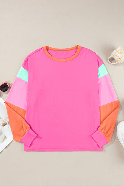 Color Block Round Neck Long Sleeve Top