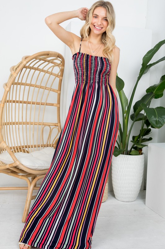 PLUS STRIPE SMOCKED MAXI DRESS